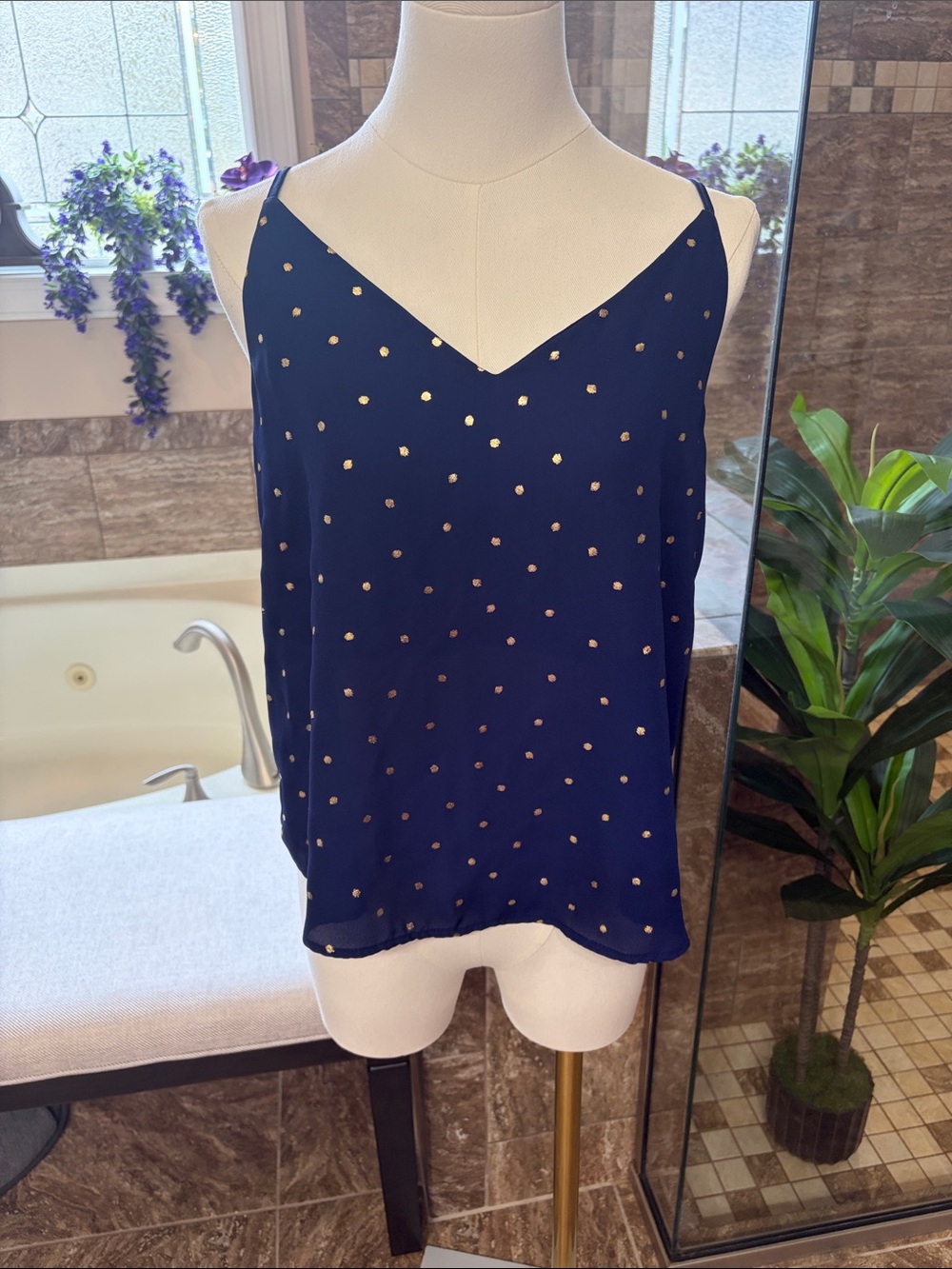 Blu Pepper Navy V-Neck Polka Dot Cami with Gold Dots